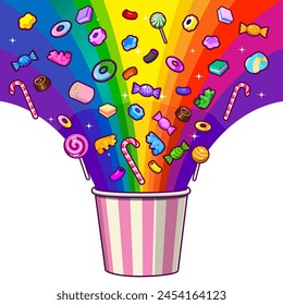 Candy Explosion a cartoon style illustration of exploding in rainbow colours bucket of various candies, marshmallow candies, gummy bears, wrapped candies and chocolate pralines 