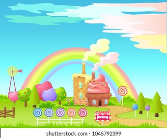 Candy factory cartoon vector concept. Fantastic landscape with cupcake and waffle houses, low poly garden, fence from candy and rainbow on background. Fairy game environment art illustration