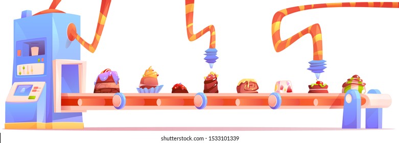 Candy factory, chocolate production line isolated on white background. Sweet desserts and cakes moving on conveyor belt, food cooking and decorating manufacturing process. Cartoon vector illustration