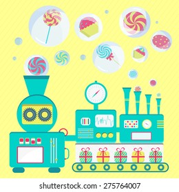 Candy factory. Creative candy factory. Machine producing sweets in soap bubbles.