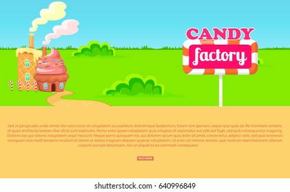 Candy factory in form of cupcake and waffle on wide green meadow with signboard in form of lollipop vector illustration.