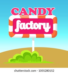 Candy factory road pointer from caramel flat vector. Bright red board sign made from caramel. Sweet road sigh illustration