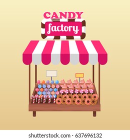 Candy factory stand with tasty donuts, creamy cupcakes and colorful lollipops isolated on yellow background. Delicious sweets for sale vector illustration. Striped trade tent with confectionary.