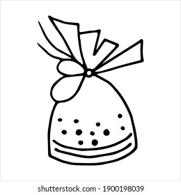 Süßigkeiten in einer festlichen Verpackung mit einem Band. Einzeln Umrisszeichnung im Doodle-Stil. Vektorgrafik.