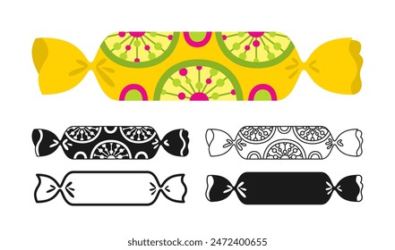 Candy with flat ornament wrapped sign set. Sweets bonbon lollipop chocolate, caramel candies snack silhouette, icon linear design. Simple symbol tasty sugar dessert food. Wrapped caramel yummy vector