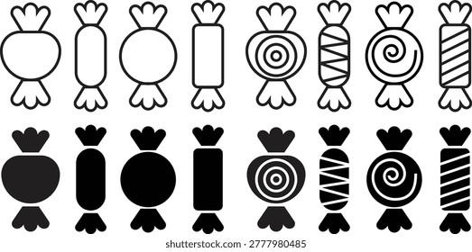 Candy flat, outline icon set with wrapped sweet toffee. Lollipop chocolate symbol, Dessert vectors pack for kids party designs, candy shop branding, web interface, sticker, posters and food graphics.