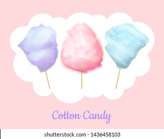 Candy floss, set of cotton candies of bilberry, cherry and plum taste. Vector summer fast food snack logo, delicious sugar dessert on stick, puffy confectionery. Candyfloss, kids sugar yummy snack