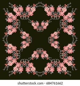 Candy flower square composition. Country style millefleurs. Floral meadow enchanting background for scarf print, textile, covers, surface, scrapbooking, decoupage. Bandana design.