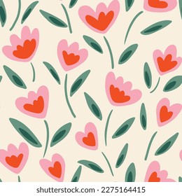 Candy flowers dancing in the wind in pink, red and sage on off white background.  Great for home decor, fabric, wallpaper, gift-wrap, stationery and packaging design projects.
