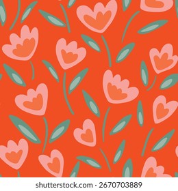 Candy flowers, leaves and stems in the wind, as a floral minimalist pattern in colors of cream, peach and green on bright orange. Botanical seamless vector pattern. Great for home decor, fabric, gifts