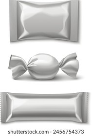 Paquete de papel de caramelo. Realista conjunto de Ilustración vectorial 3d de dulce paquete de postre. Plantilla de paquete de envoltura de polietileno gris en blanco para chocolate, waffle y dulces de caramelo bonbon.