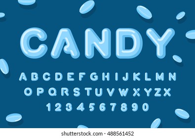 Candy font. ABC of caramel. Sweet alphabet. Blue letters. Lollipops lettring
