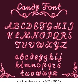 Candy Font Sweet Striped Type, Cherry Candy-style Hand Written Alphabet From A To Z, Abstract Pink Shade Mint Hard Candy-cane Letters In Christmas Colors. Vector