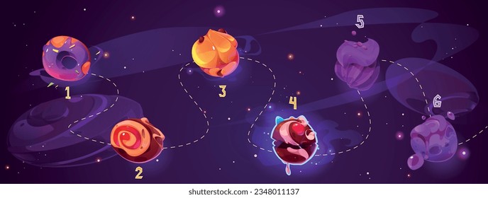Candy food planet space game level map cartoon vector background. Fantasy chocolate galaxy illustration with donut. Funny colorful jelly solar system trip of bakery dessert satellite and road