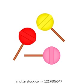 
Candy, food. Sweet snack, eat dessert. 3 sweet lollipops in colors. Vector illustration.