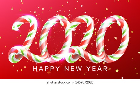 Candy In Form 2020 Happy New Year Banner Vector. Multicolored Sweet Caramel In Shape Two Thousand Twenty 2020 On Red Background With Stars And Rounds. Greeting Placard Realistic 3d Illustration