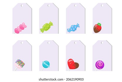 Candy frame badge template sweets, marshmallow, hard candy on stick, jelly worm, chocolate heart, strawberry. Decor for candys shop banner. Bonbon for cafe and restaurant menu. Vector illustration