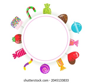 Candy frame template sweets, marshmallow, hard candy on stick, macaroon, jelly worm, chocolate heart, strawberry. Decor for candys shop banner. Bonbon for cafe and restaurant menu. Vector illustration