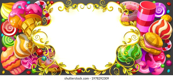 Candy frame and text box. Sweet background of caramels, cake, ice cream, cupcakes and lollipops. Graphic field for decoration and design. 