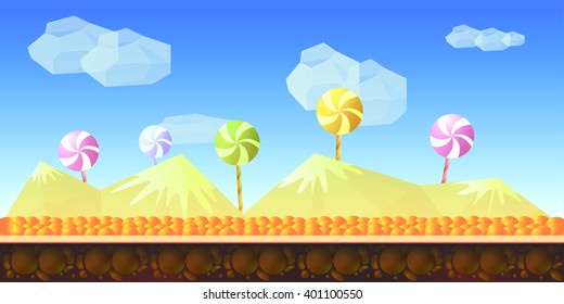 Candy game background 2d game application. Vector design. Tileable horizontally. Size 1024x512. Ready for parallax effect