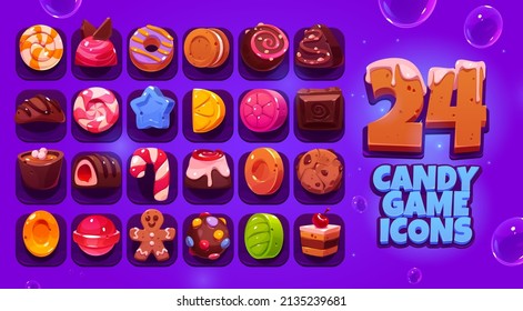 Candy game icons big set, cartoon vector sweets ui elements. Caramel, cake, gingerbread man pastry, lollipop and toffee, candy cane, chocolate and crunchy cookie, praline with topping or filling