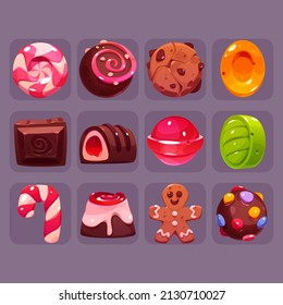 Candy game icons cartoon vector set. Sweets in slots ui elements. Striped caramel, gingerbread man, lollipop or toffee, candy-cane, chocolate sweets and crunchy cookie, praline with topping or filling