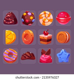 Candy game icons cartoon vector set. Sweets praline, striped round caramel, lollipop, toffee, cake piece, donut and star, choco ball with dragee, sandwich cookie, lemon slice and chocolate ui elements