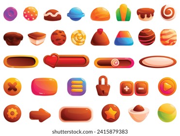 Los iconos de juego de golosinas establecen el vector de dibujos animados. Dulce bola qui. Salto de postre