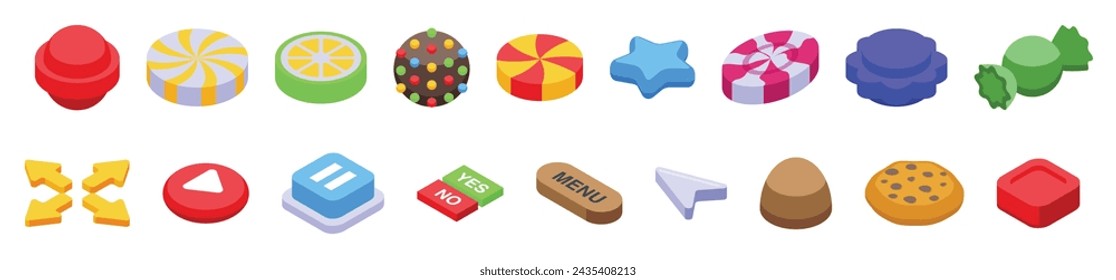 Candy game icons set isometric vector. Sweet ball gui. Chocolate pastry dessert
