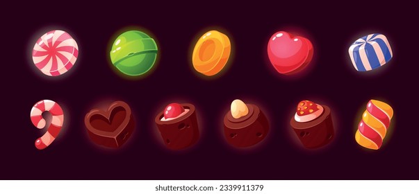 Candy Game Icons Set. Sweets Ui Or Gui Elements. Striped Caramel, Praline, Lollipop Or Toffee, Candy-cane, Chocolate