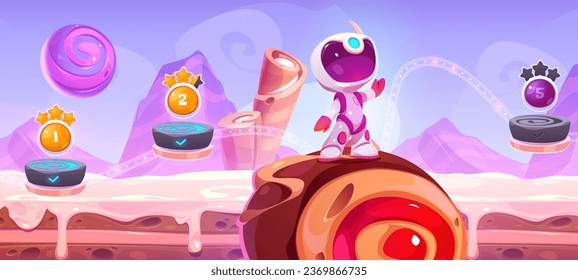 Mapa del nivel del juego de Candy con la ilustración de road in sky. Fondo del espacio alimentario y diseño del mundo de la galaxia. Colorido concepto divertido de aplicación ui con chocolate en cosmos. Pantalla de interfaz de progreso de usuario