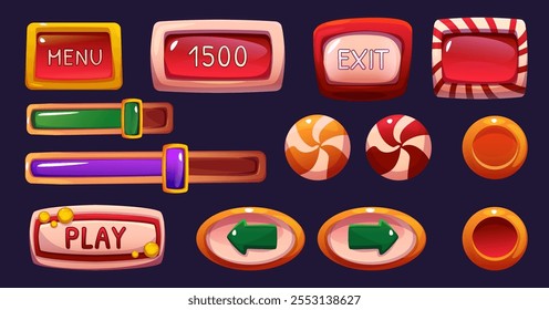 Candy game ui button and interface icon cartoon. Mobile app cute design kit with arrow, menu, slider and score board element. Glassy sugar shape for exit. Sweet food play gui panel. Orange collection