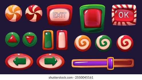 Juego de caramelos ui Botones conjunto aislado sobre fondo negro. Ilustración de dibujos animados de Vector de barra de progreso, marcos de piruleta de Navidad redondos y cuadrados, Plantillas de borde dulce, signos de flecha, juego App kit de diseño