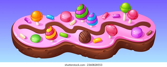 Candy game ui level road map with sweets cartoon background. Chocolate childish track path for achievement with lollipop adventure template. Pink online vector interface fantasy world environment