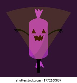 el personaje de caricatura de candy Ghost para Halloween se destaca con una linterna desde abajo para asustar el concepto del objeto de vacaciones de otoño en un fondo morado oscuro