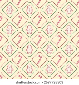 Caramelo y pan de jengibre con marcos decorativos verdes y rojos sobre un fondo amarillo. Patrón inconsútil lindo de las Navidades para la ropa, la tela, el Fondo de pantalla, el telón de fondo, la decoración casera, y el libro de la cubierta. 