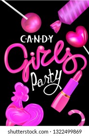 Candy girl party poster with pink sweets and lettering from lipstick. Vector illustration