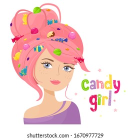 Candy girl. Sweets. Beautiful girl with sweets in her hair. Vector illustration.