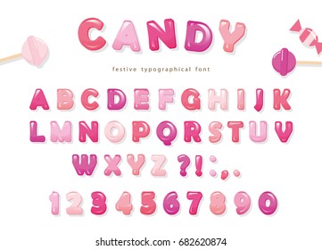 Candy glossy font design. Colorful pink ABC letters and numbers. Sweets for girls.