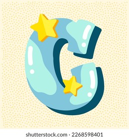 Diseño de tipografía brillante de caracol. Decoración de estrellas amarillas y azules pasteles ABC. Dulces para chicas. Letra C