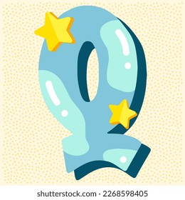 Candy glossy font design. Pastel blue and paper yelow star decor letters ABC. Sweets for girls. Letter Q
