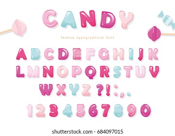 Candy Glossy Font Design. Pastel Pink And Blue ABC Letters And Numbers. Sweets For Girls.