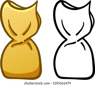 Candy in golden foil wrapper in colored and line versions. White background, vector.