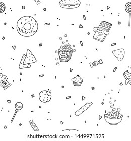 Candy, goodies pattern. Vector line art. Cakes for birthday and party decoration.