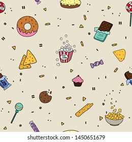 Candy, goodies pattern. Vector line art. Cakes for birthday and party decoration.