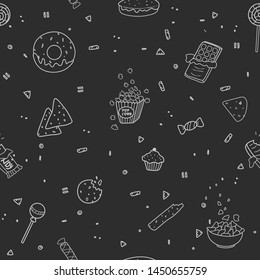 Candy, goodies pattern. White chalk on black board. Vector line art. Cakes for birthday and party decoration.