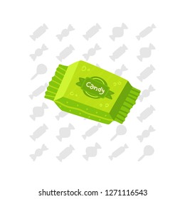 Candy in a green wrapper. Against the background of other candies. Written candy. Cartoon vector.