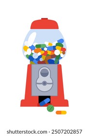 Candy gumball machine with pills instead of gum and candy. Drug addiction, risks of taking medication concept. Pharmacy, placebo, fortune, metaphor. flat vector illustration, still life, isolated