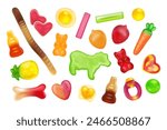 Candy gummy. 3D jelly sweets. Chewing fruit. Soft gum. Marmalade bears. Cute lollipop. Sugar animals. Kids food. Cola bottle and bone gelatin shapes. Packaging print. Vector yummy confectionery set