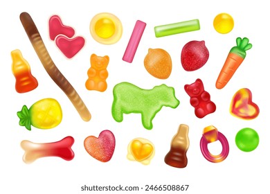 Candy gummy. 3D jelly sweets. Chewing fruit. Soft gum. Marmalade bears. Cute lollipop. Sugar animals. Kids food. Cola bottle and bone gelatin shapes. Packaging print. Vector yummy confectionery set